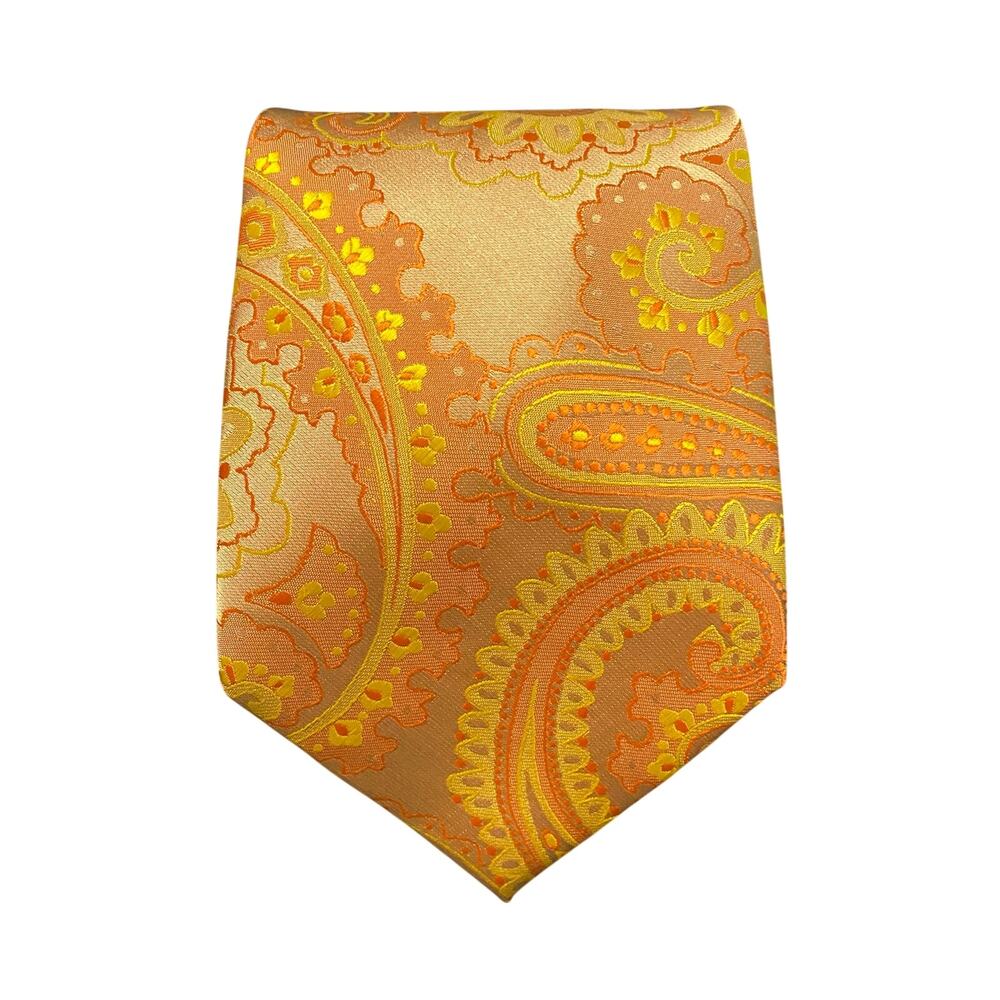 100% Silk Paisley Necktie Yellow Orange Gold Bronze Wide Handmade Tie Retro Bold